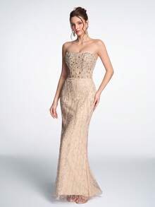 Đầm dạ hội Anymoon sang trọng mạ vàng, chất liệu ren, đính sequin và đá quý, không dây vai, kiểu corset hở lưng, thắt nơ, dáng đuôi cá, phù hợp cho các dịp trang trọng, dự tiệc cưới, dạ hội, lễ tốt nghiệp, thảm đỏ, lễ trưởng thành, tiệc gala. - Rượu sâm banh - Xem 7