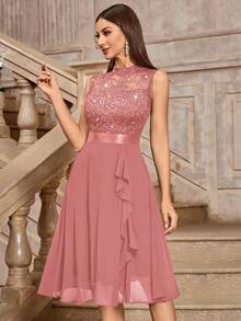 MIUSOL Sequin Floral Lace Sleeveless Ruffle Hem Party Swing Dress Wedding Spring - Dusty Pink - View 5