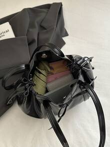 1pc Black Vintage Minimalist Solid Color PU Tote Bag, Large Capacity Women Shoulder Bag, Autumn/Winter - Black - View 5