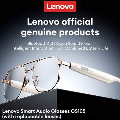  Kính Bluetooth thời trang Lenovo GS105, gọng kim loại, Bluetooth 6.0 không dây, chất lượng âm thanh thuần khiết, thời lượng pin dài, gọi điện HD, khử tiếng ồn micro ENC, lớp chống rò rỉ kép, kính thông minh không dây, tương thích với điện thoại thông minh, món quà lý tưởng cho các cặp đôi và bạn bè.