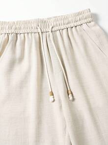 1件杏色男士亚麻质感直筒裤，抽绳松紧腰带，透气柔软，男士沙滩裤，休闲度假风，适合夏季海滩休闲穿着 - 杏色 - 查看 7