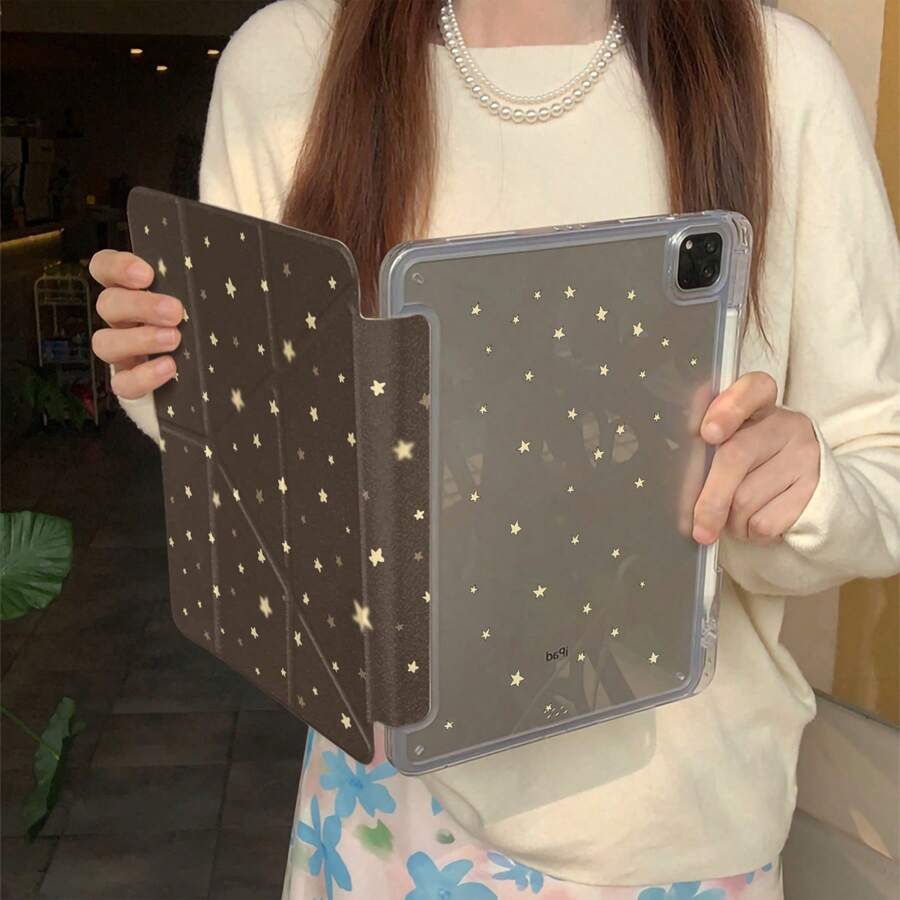 可愛星星圖案平板保護殼，適用於 iPad 11代、Pro 2025 新機型、Air 7/6，附筆槽，11 吋平板保護套，女款，圖案中部分星星略微模糊，非印刷問題 - 棕色 - 查看 1