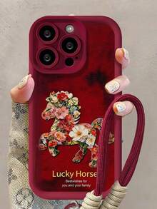 Fashionable & Cute Floral & Pony Design Phone Case With Lanyard, Suitable Compatible With Iphone 17 Pro Max/17 Pro/17 Air/17 New, 16 Pro, High-End 15 Plus/14 Pro, Chinese Style 13/12/11, Full-Body Protective Cover - Red - View 1