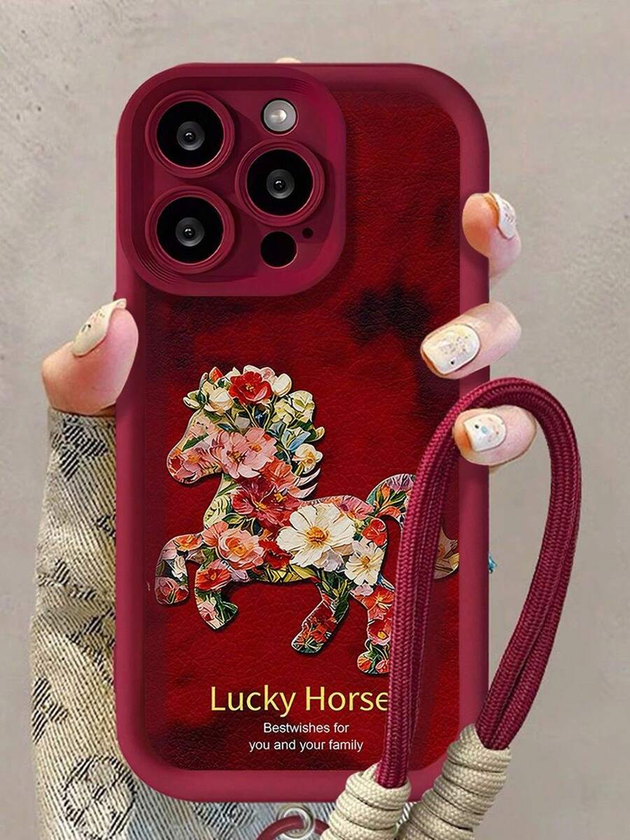 Fashionable & Cute Floral & Pony Design Phone Case With Lanyard, Suitable Compatible With Iphone 17 Pro Max/17 Pro/17 Air/17 New, 16 Pro, High-End 15 Plus/14 Pro, Chinese Style 13/12/11, Full-Body Protective Cover - Red - View 1
