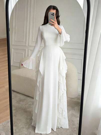 ii Women's Elegant Flared Sleeve Ruffle Design Ultra-Long Lightweight Dress White