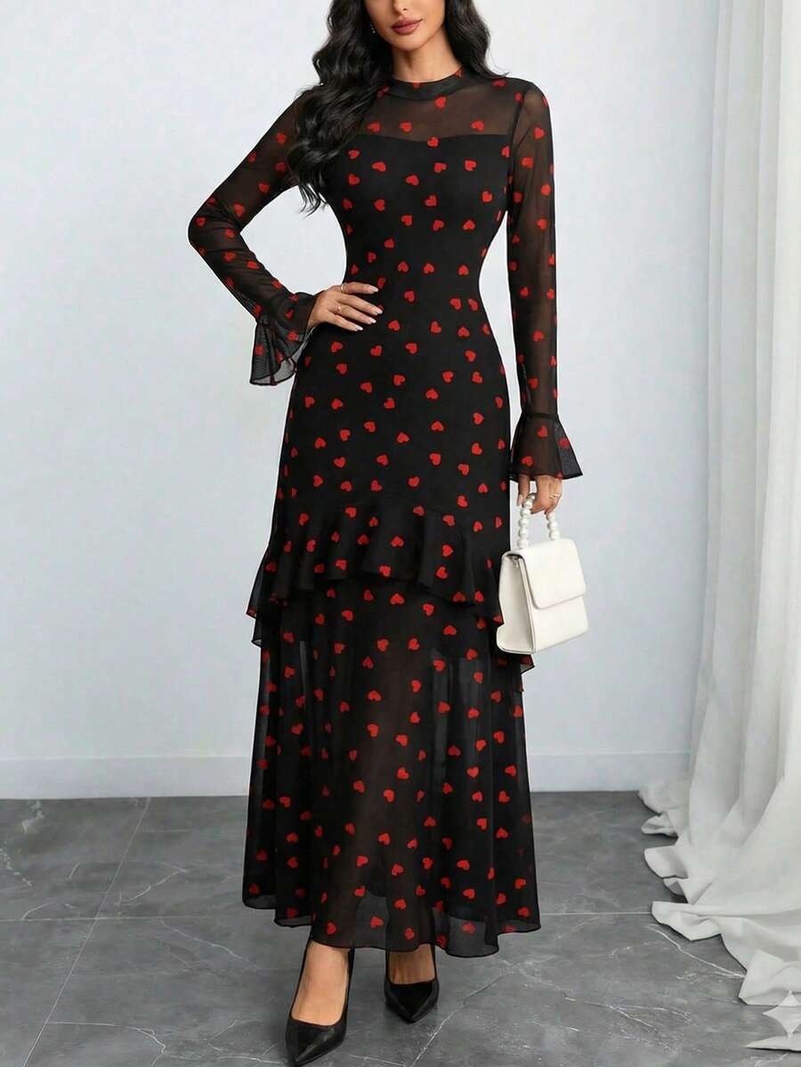 Vuslat 女士黑色红色爱心印花网纱长款连衣裙，立领长袖，层叠荷叶边下摆，优雅百搭，适合情人节派对、鸡尾酒会、街头漫步、约会等场合。 - 紅色 - 查看 1