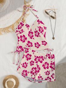 Bộ 2 món áo tắm tankini in hoa gồm áo hai dây và quần short kín đáo, phong cách thanh lịch và gợi cảm cho kỳ nghỉ biển. - Nhiều màu - Xem 3