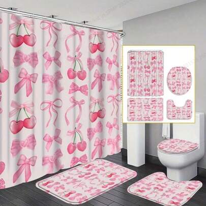 1/4pcs New Year Valentine's Day Decor Bow Shower Curtain Set, Waterproof Shower Curtain With 12 Hooks, Non-Slip Bathroom Mat, U-Shaped Toilet Mat, Toilet Lid Cover, Bathroom Decor, Bathroom Shower Curtain Set, Bathroom Accessories