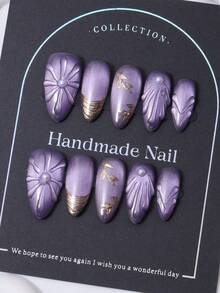 10片/套 手工杏仁形美甲贴纸，欧美制造，Y2K紫色法式神秘风格，3D手绘渐变细闪印花设计，美甲装饰。包含1片果冻胶和1把指甲锉。完美适用于日常美甲和科切拉音乐节的造型，美甲贴片及美甲护理产品。美甲用品 手工美甲贴片 - 紫色 - 查看 1