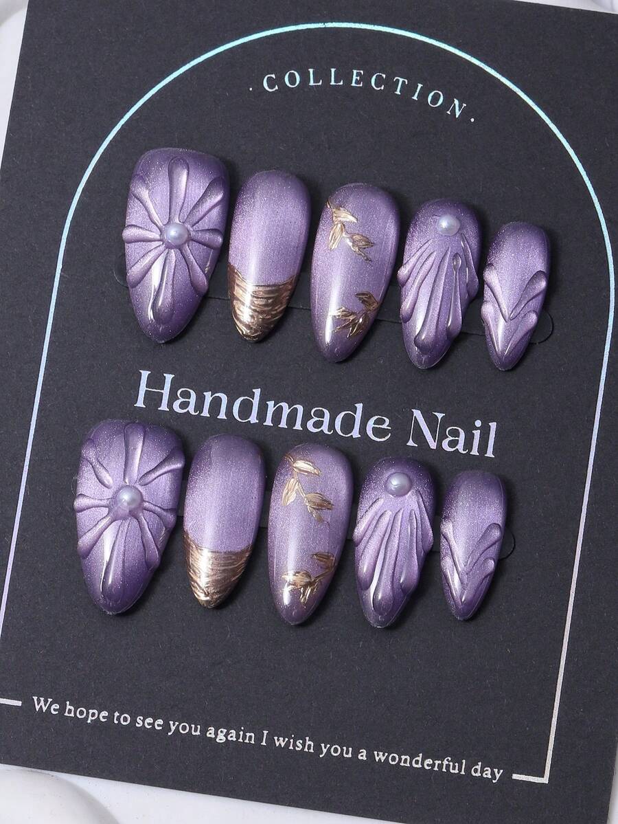 10片/套 手工杏仁形美甲贴纸，欧美制造，Y2K紫色法式神秘风格，3D手绘渐变细闪印花设计，美甲装饰。包含1片果冻胶和1把指甲锉。完美适用于日常美甲和科切拉音乐节的造型，美甲贴片及美甲护理产品。美甲用品 手工美甲贴片 - 紫色 - 查看 1