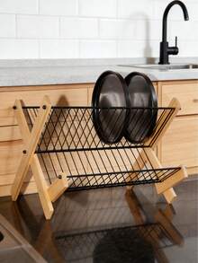 双层竹制折叠碗架 - 多层厨房干燥和储物整理器，带可拆卸餐具架，防潮且易于组装，现代节省空间的设计，厨房台面碗架，耐用的厨房配件 - 圣诞装饰 - 棕色 - 查看 4