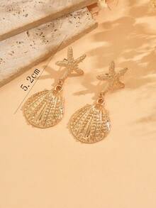 1 Par de Brincos Românticos Estilo Oceano com Decoração de Conchas e Estrelas-do-Mar, Joias Charmosas Perfeitas para Uso Diário, Encontros na Praia e Férias - Multicolorido - Ver 4