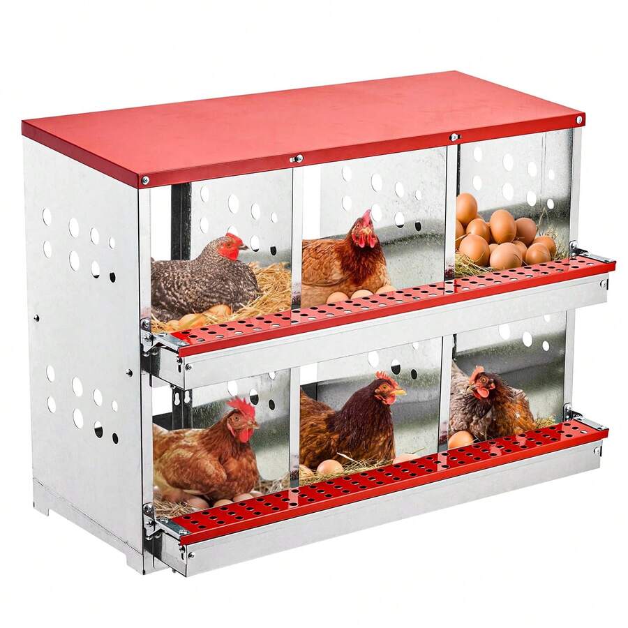 Cajas de Nidificación Metálicas para Gallinas de 6 Huequeros, Montaje en Pared, Fácil Recolección de Huevos, Compatible con Gallinero - Rojo - Ver 1