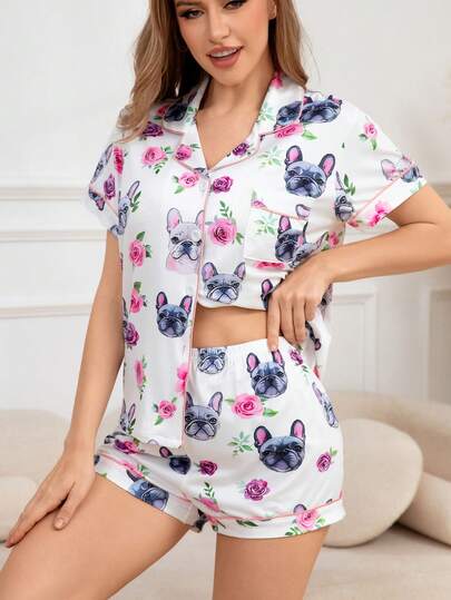 2 piezas Conjunto de pijama de top de manga corta con cuello de botones y shorts para mujer, cómodo y casual, holgado, con estampado lindo de perro y floral, adecuado para primavera, verano, otoño e invierno, estilo básico con elástico