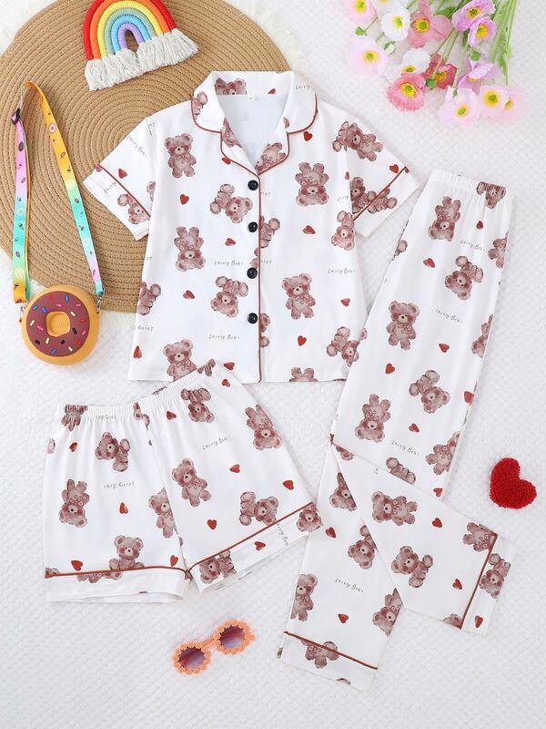 3pcs/Set Girls' Casual Cartoon Bear Print Polo Collar Short Sleeve Cardigan, Shorts & Pants Sleepwear Set, Flame Retardant, All Season
