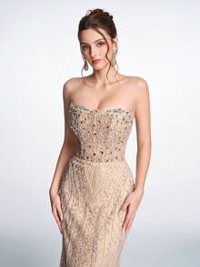 Đầm dạ hội Anymoon sang trọng mạ vàng, chất liệu ren, đính sequin và đá quý, không dây vai, kiểu corset hở lưng, thắt nơ, dáng đuôi cá, phù hợp cho các dịp trang trọng, dự tiệc cưới, dạ hội, lễ tốt nghiệp, thảm đỏ, lễ trưởng thành, tiệc gala. - Rượu sâm banh - Xem 6