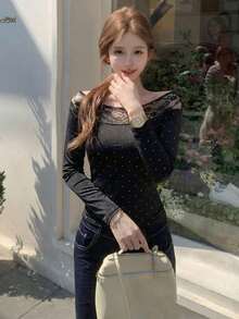 露肩蕾丝波点长袖T恤，时尚修身女款上衣 - 黑色 - 查看 3