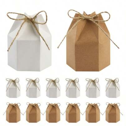 50 piezas/paquete (50 cajas de papel kraft + 50 cuerdas de cáñamo) Cajas de papel kraft con forma hexagonal para empaquetar caramelos, chocolates, galletas, recuerdos de fiesta, regalos para días festivos, cumpleaños, bodas
