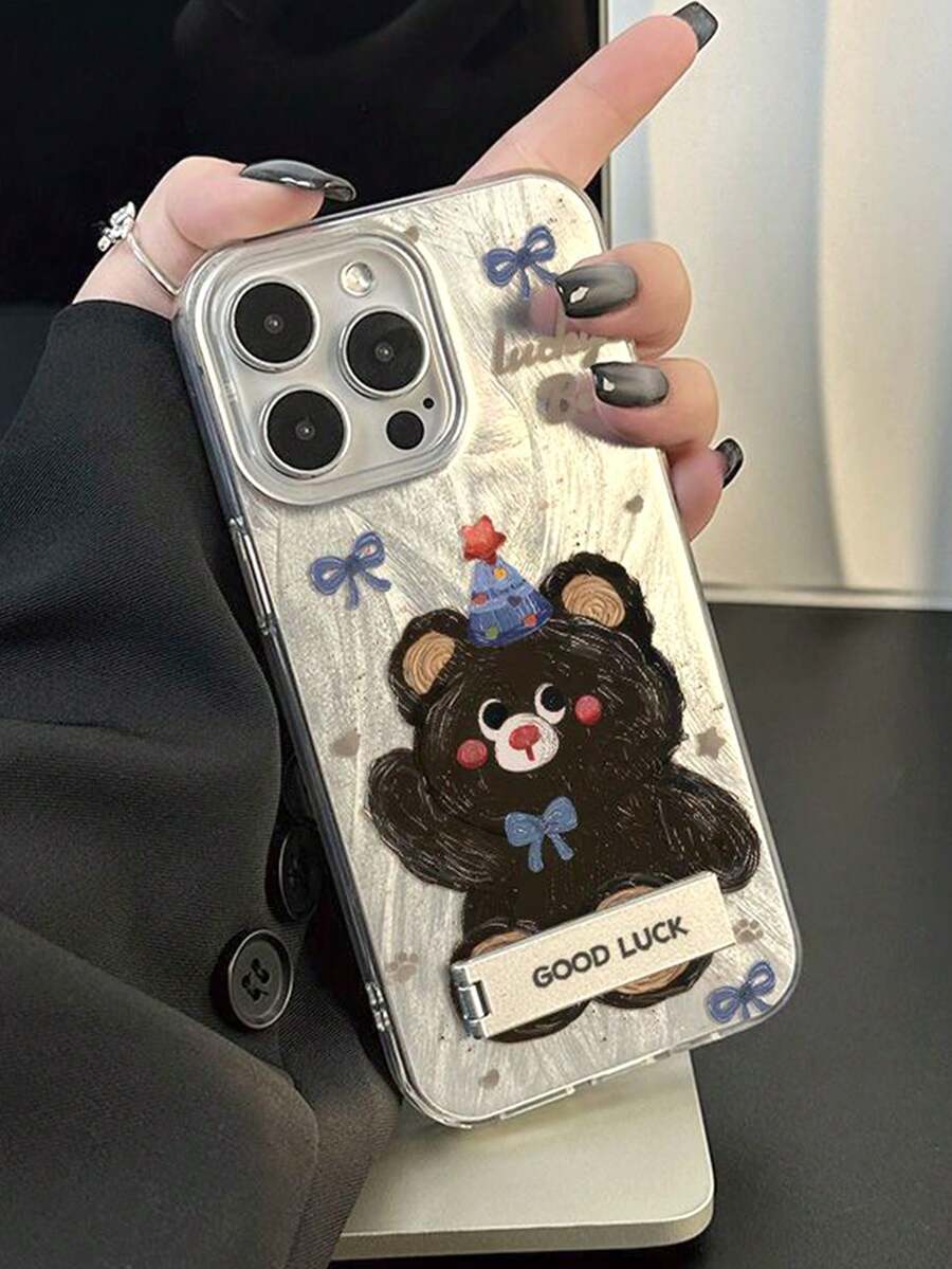 1pc Silver Feather Tulle Cute Cartoon Full Coverage Phone Case With Bow Tie Bear & 3D Metal Stand, Fit For IPhone 11/12/13/14/15/16/17/Pro Max - Silver - View 1