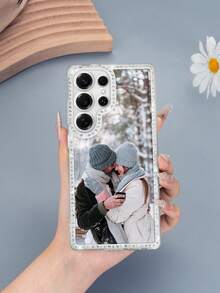 1pc Customized Family, Friends, Couples Photo Shockproof Electroplated Rhinestone Simple Protective Phone Case, Suitable Compatible With Samsung S23/S24/S25 And Other Models, Ideal As A Gift For Friends Or Others - Silver - View 3