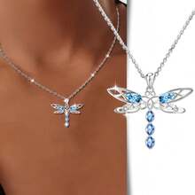 1件女士时尚吊坠项链，蜻蜓造型，优雅别致，锁骨链，寓意祝福与守护，镶嵌合成立方氧化锆，925纯银材质，适合情人节、母亲节、婚礼季等场合，低致敏性 - 蜻蜓造型 - 查看 9
