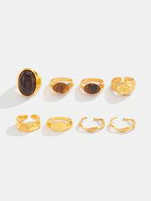 8pcs Set Minimalist French Design Metal Vintage Rings, Luxury Fashion Acrylic Diamond Rings, Suitable For Party, Gift And Daily Wear - Yellow Gold - View 2