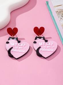 1对时尚可爱亚克力猫咪拥抱爱心耳钉，女士日常佩戴饰品 - 貓 - 查看 5
