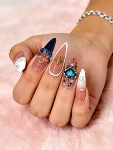 Bộ 10 miếng dán móng tay thủ công hình hạnh nhân màu hồng và trắng kiểu Pháp, bộ dán móng nghệ thuật DIY hiệu ứng hologram Y2K, hiệu ứng hoa và giọt nước 3D chuyển màu, trang trí đá quý và ngọc trai, thiết kế cổ điển phủ kín toàn bộ móng, có thể tái sử dụng, phù hợp cho các tiệm nail, các bạn gái và phụ nữ sử dụng hàng ngày, lễ hội và làm quà tặng, dụng cụ làm móng nghệ thuật, phong cách cao cấp sang trọng để nâng tầm vẻ ngoài của bạn! Móng giả dán thủ công. - Nhiều màu - Xem 6