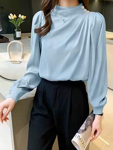 Women's Casual Commuter Shirt With Stand Collar, Pleated Design, And Princess Sleeves, Spring/Autumn - Baby Blue - View 5