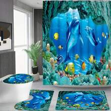 海豚图案浴帘套装，含12个挂钩的浴帘、防滑浴室垫、U型马桶垫、马桶垫、浴室配件 - MZ - 查看 4