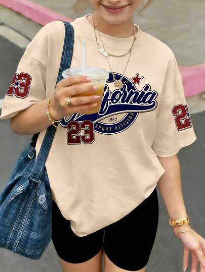 Set de 2 piezas de camiseta de manga corta con estampado de eslogan y shorts de ciclismo para adolescentes, suave y cómodo, adecuado para primavera/verano, conjunto de ropa para niña adolescente