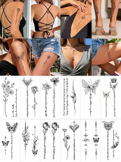STARTTOOS 脊柱花卉手臂临时纹身贴纸，垂直蝴蝶花卉羽毛艺术文字短语Y2K临时纹身，DIY嘉年华、情人节、派对节日礼物，适用于手腕、脚踝、肩膀、脖子、锁骨，防水逼真纹身贴纸