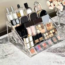 1pc 1-7 Tier Clear Acrylic Makeup Organizer Display Rack - Sturdy And Durable, Easy To Assemble, Space-Saving | Multi-Functional Storage Rack For Jewelry, Badges, Stationery, Office Supplies, Nail Polish, Makeup Remover, Skincare And Cosmetics | Suitable For Office Desk, Study Desk, Vanity, Bedroom Countertop And Dressing Room Bathroom Accessory - Multicolor - View 6