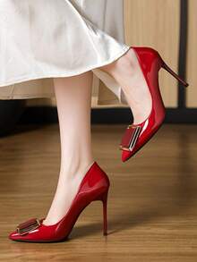 Zapatos de tacón alto de charol francés para mujer Zapatos planos sensuales negros con tacón de aguja y punta afilada para mujer - Rojo - Ver 4