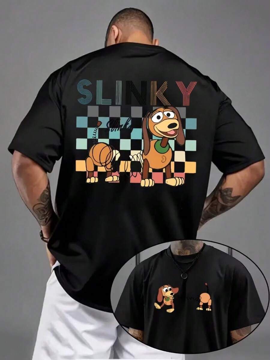 1 Piece, Disney Men's T-Shirt, Disney Toy Story Series Spring Dog Pattern Theme Series Men's Casual Short-Sleeved T-Shirt, Round Neck Casual Comfortable T-Shirt, Breathable And Light, Suitable For Sports And Leisure Wear, Loose T-Shirt, Suitable For Gifts, Suitable For Travel And Party Wear. - Black - View 1
