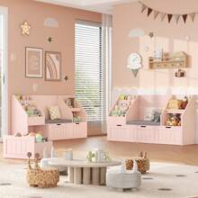Toy Storage Unit, Toy Organiser Bookshelf, With Storage Bench And 3 Drawers On Wheels, 140x39.5x80cm - Pink - View 3