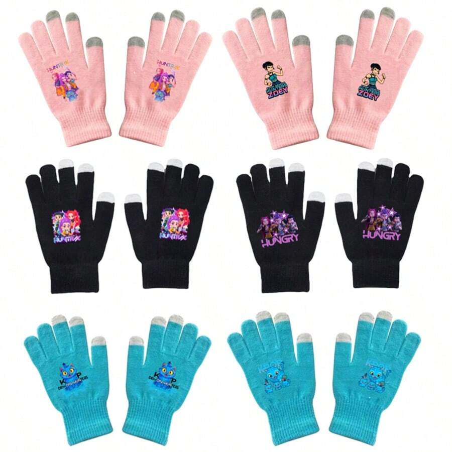 Kpop Demon Hunter Girl Group Student Gloves, Warm Touchscreen Gloves, Dopamine Print Knitted Gloves For Boys & Girls, Autumn/Winter - Multicolor - View 1
