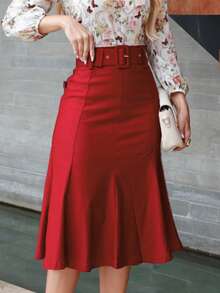 Set Of 2 Women's Midi Skirts, Formal, Evangelical, Elegant Secretary Style, With Belt And Elastane - 紅+綠 - 查看 4