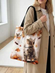 猫狗印花双面单肩手提包，休闲旅行沙滩包，大容量可重复使用单肩购物袋，女士休闲单肩包，手提包，大容量帆布沙滩包，手提包，购物袋，印花女士杂货单肩包 - 彩色 - 查看 2