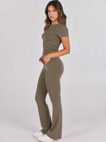 Lounge Sets For Women 2 Piece Foldover Yoga Flare Leggings Pants Crop Tops Casual Y2K Outfits Matching Tracksuit Set - 咖啡灰 - 查看 3
