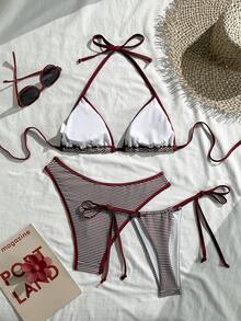 3pcs/Set Striped Sexy Elegant Tie-Front Backless Beach Dress, Summer - Multicolor - View 5