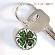 1pc Synthetic Gemstone Keychain With Vintage Floral And Clover 2D Pattern, Compact And Cute, Suitable For Everyday Use - Multicolor - View 4