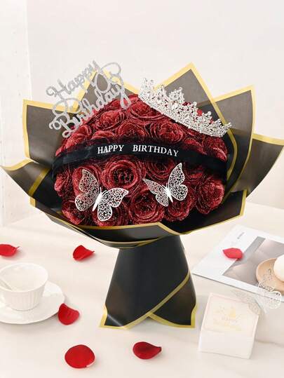 67支红色闪光玫瑰花束套装，妈妈生日礼物，DIY人造花束，蓝色玫瑰，送给奶奶、妻子、朋友、新娘的礼物，婚礼、毕业典礼花束，家居、派对、婚礼装饰、情人节、咖啡馆、派对装饰