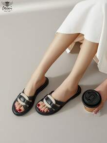 DESAI 1 Pair Women's Fashion Double Pearl Decor Soft Bottom Slide Sandals, Comfortable Flat Round Toe Slip-On Casual Slippers, Non-Slip Beach For Summer - Black - View 2