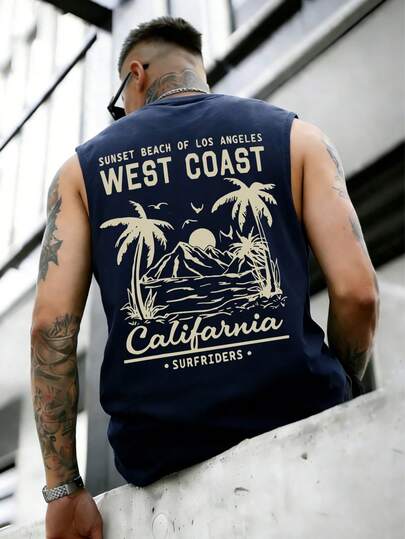 YUNCHIC 加州海滩冲浪棕榈树印花无袖T恤 - 夏威夷冲浪风格夏季衬衫，采用西海岸冲浪元素设计，休闲无袖上衣，适合游泳、冲浪和户外活动