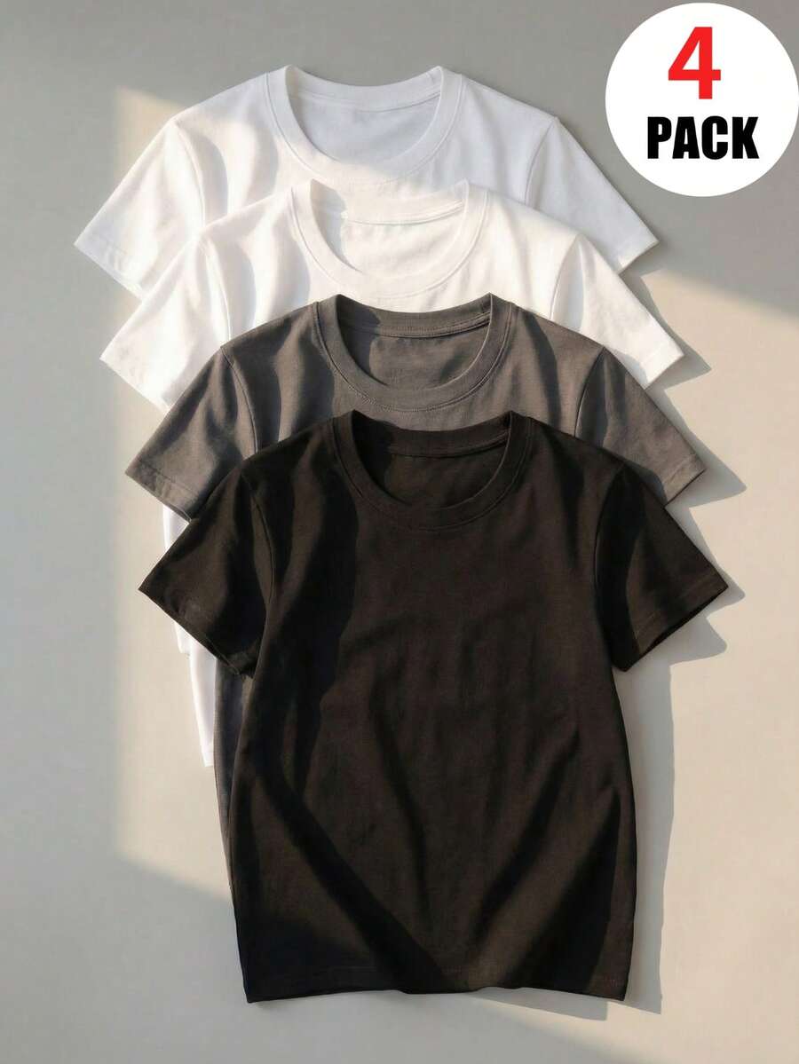 4pcs/Set Boys, Children & Teens' Solid White Crew Neck Short Sleeve T-Shirts, Summer Tops - Soft & Comfortable Solid Color Tees, Perfect For Warm Weather! Kids Clothing