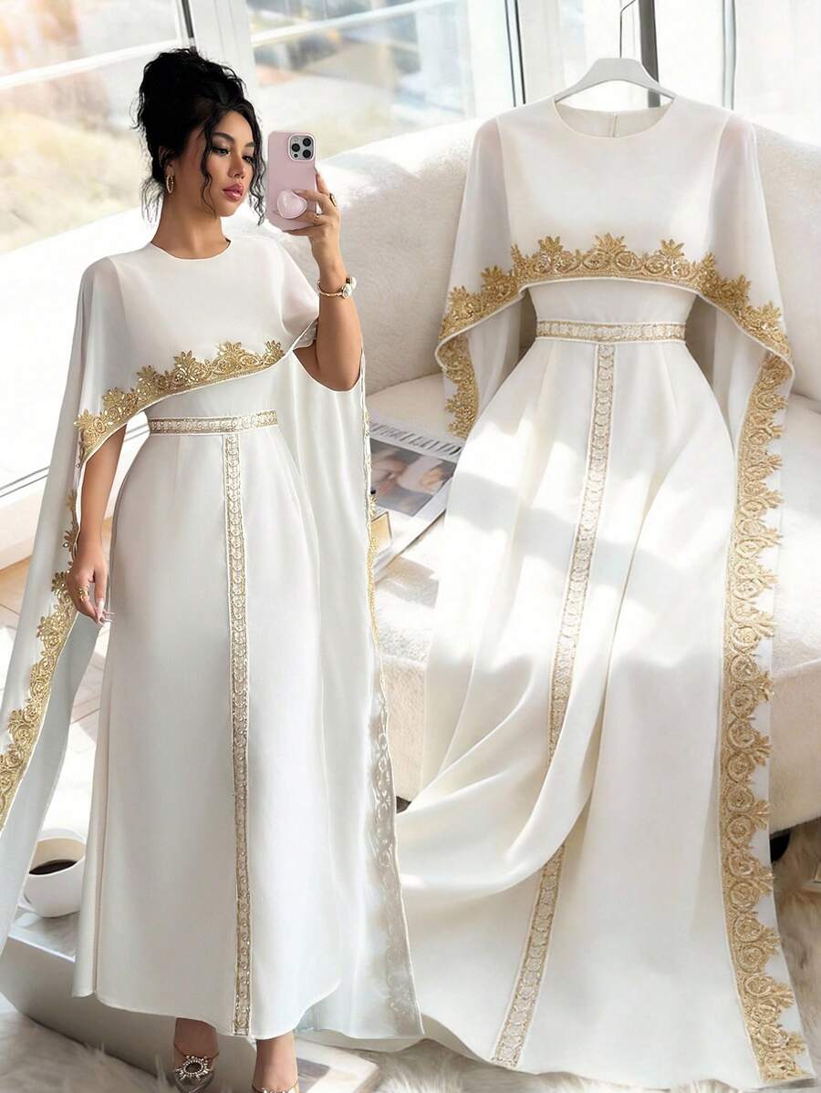 女士优雅V领喇叭袖金色蕾丝腰A字型长裙，亮杏色，适合早春穿着