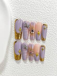10pcs Dreamy Sweet Style Nail Gel Manicure Set, Acrylic Pressed Nails, Purple Glitter 3D Star, Golden Starlight, Square Nail Decor, Hand-Painted Golden Edge Design, Purple Nail Polish, Romantic French Style, Includes Nail Tools (1 Jelly Sticker + 1 Nail File) 3 Sizes Available: Almond, Duck Mouth, Coffin Handmade Press On Nails - 彩色 - 查看 4