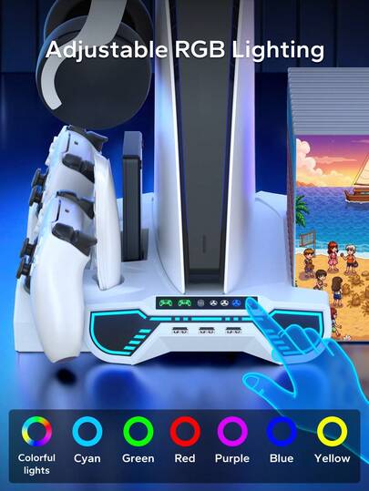 PlayStation5 Cooling Charging Dock | Integrated Active Cooling Fan For Efficient Heat Dissipation | Dual Controller Charging Dock + Headphone Hook Design | Compatible With PlayStation5 / PlayStation5 Slim / PlayStation5 Pro Disc & Digital Editions | Vertically Stable Console Placement | RGB Ambient Lighting | Gaming Desk Storage Solution | Essential PlayStation5 Accessory