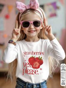 Tween-Mädchen Süßes weißes Langarm T-Shirt mit Erdbeermuster, weiche Baumwolle Lässig Kleidung für Frühling & Sommer, fröhlich und leuchtend - Weiss - Übersicht 2